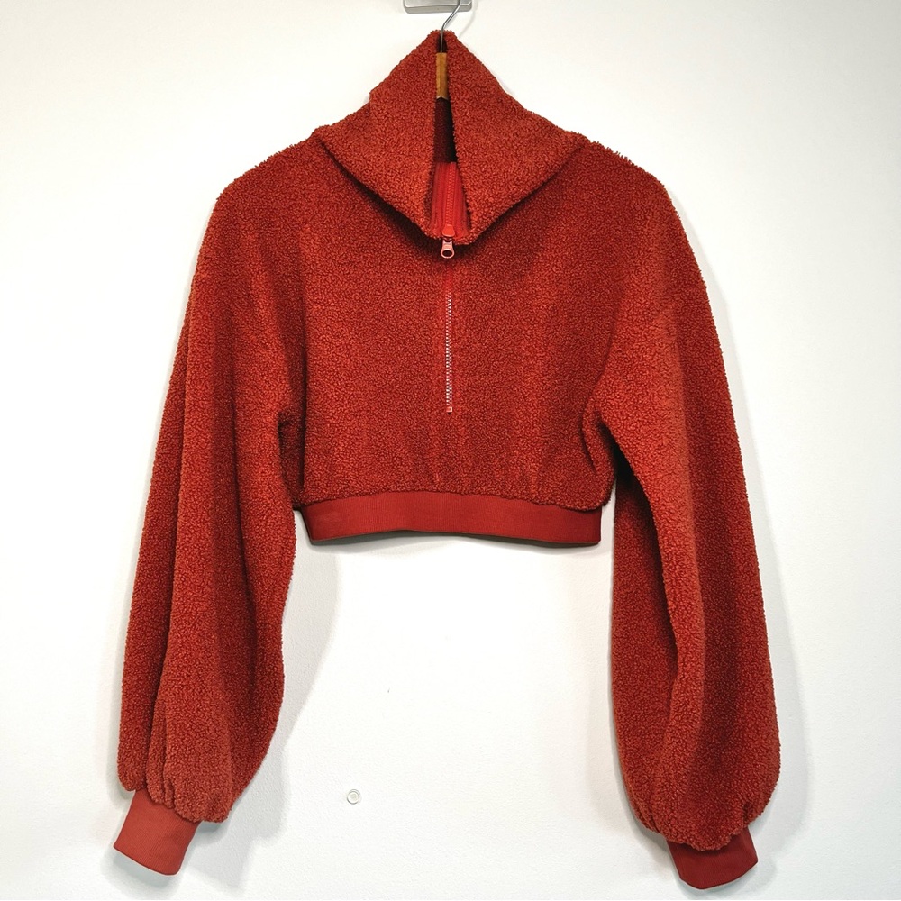 BDG Urban Outfitters 1/2 Zip Burnt Orange Teddy Fleece Cropped Pullover Size Med